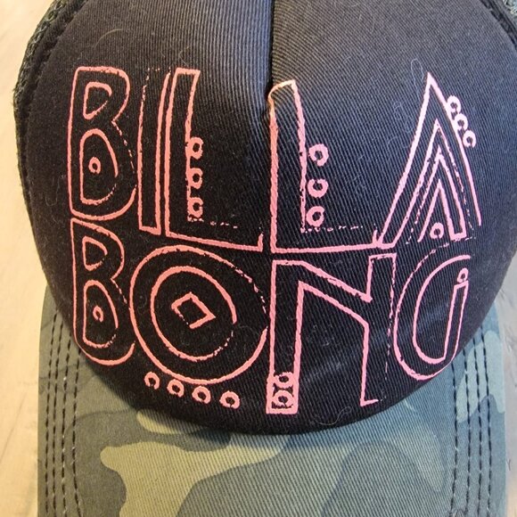 Women Billabong Camo Mesh Trucker Snapback Hat Cap Surf Skate Black Green Pink - Picture 2 of 6